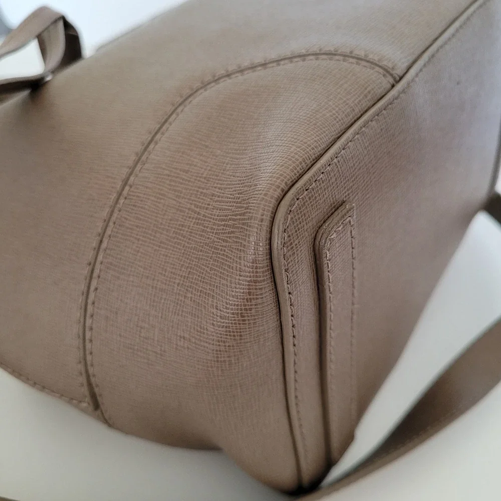 Furla Stacy Saffiano Leather Bucket Bag Taupe Brown Drawstring Crossbody